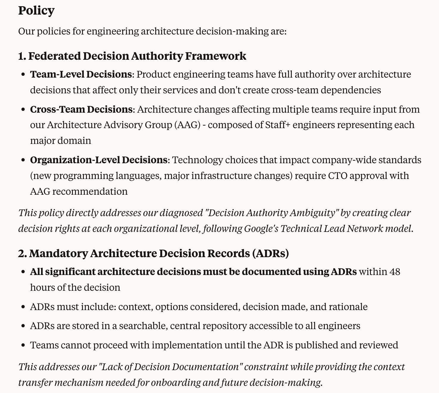 Policies for improving architectural decision making