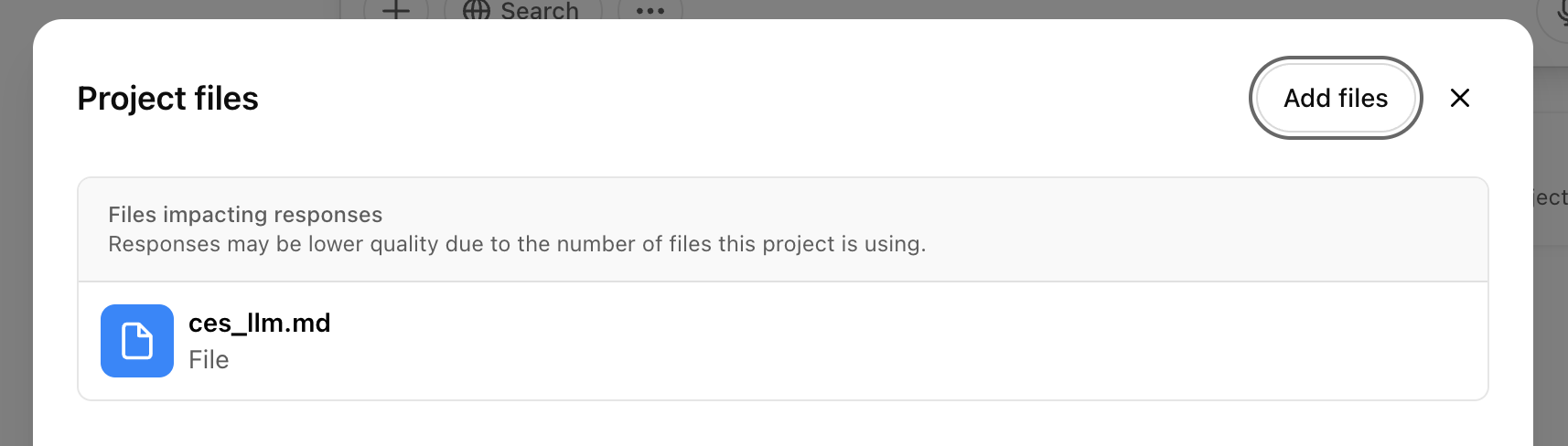 Project files with a warning about file size