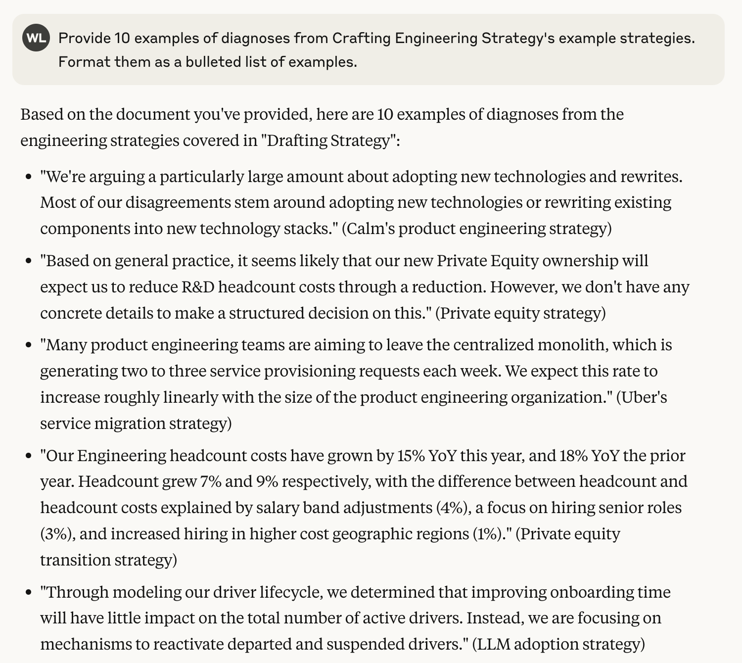 Claude.ai generating sample diagnoses from Crafting Engineering Strategy