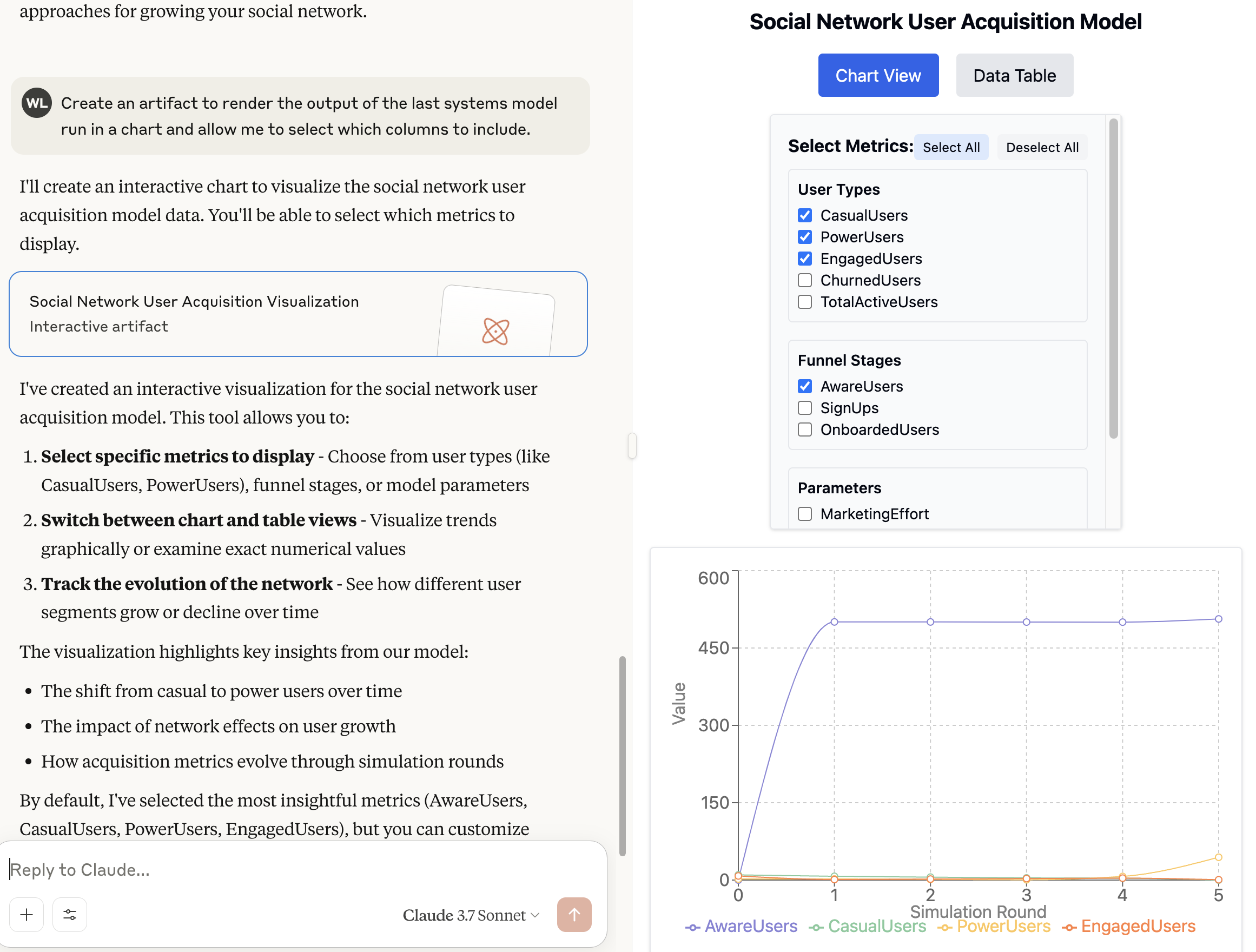 Claude.ai Artifact for exploring system model results